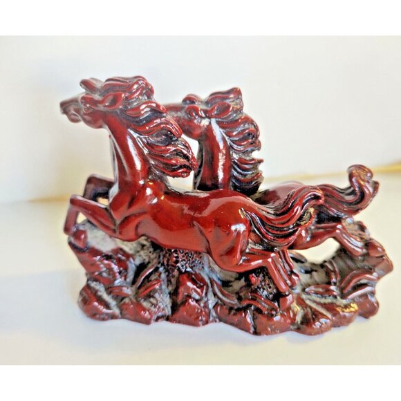 Vintage Large Chinese Carved Cinnabar Feng Shui  2 Running Horses Figurine - Picture 1 of 10